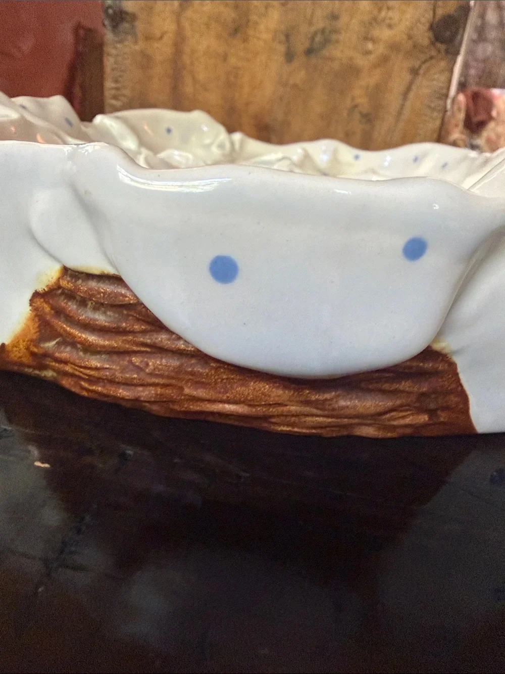 Vintage Ceramic Egg Tray with Blue Polka Dots and Basket motif